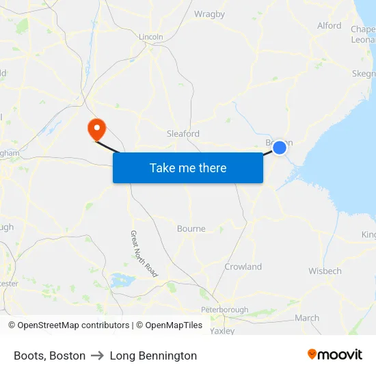 Boots, Boston to Long Bennington map