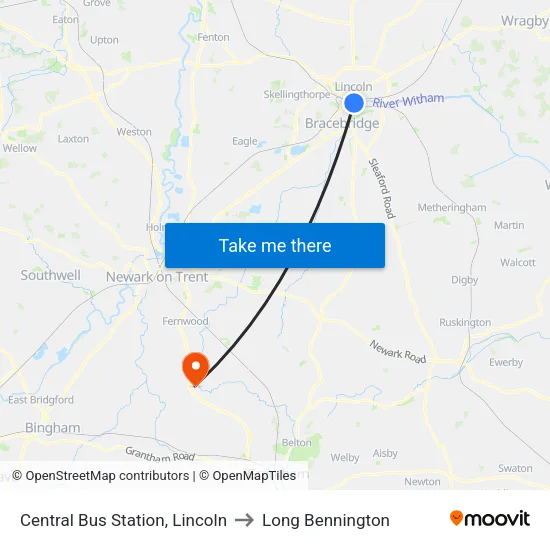 Central Bus Station, Lincoln to Long Bennington map