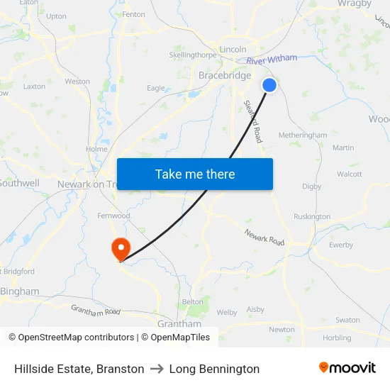 Hillside Estate, Branston to Long Bennington map