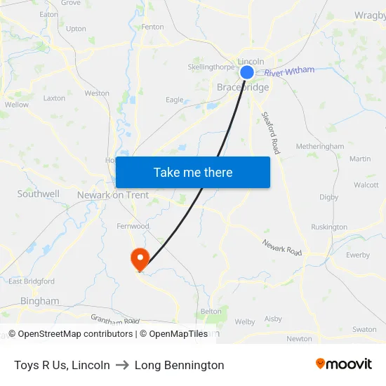 Toys R Us, Lincoln to Long Bennington map