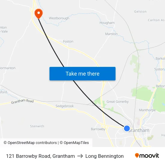 121 Barrowby Road, Grantham to Long Bennington map