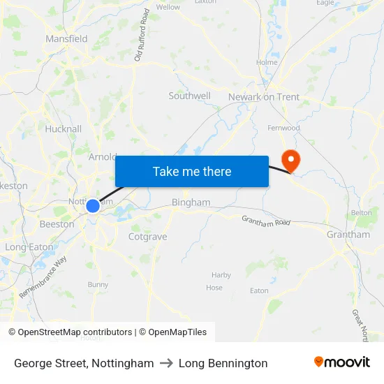 George Street, Nottingham to Long Bennington map