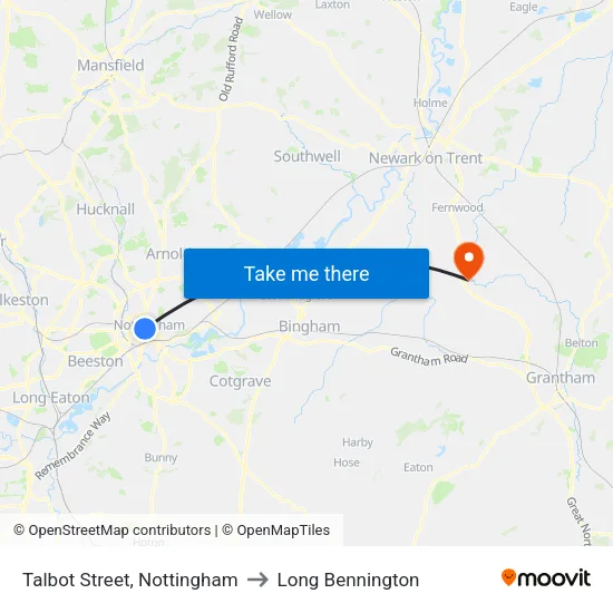 Talbot Street, Nottingham to Long Bennington map