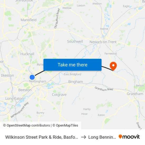 Wilkinson Street Park & Ride, Basford (Ba85) to Long Bennington map