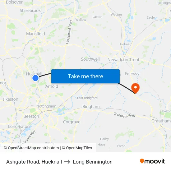 Ashgate Road, Hucknall to Long Bennington map