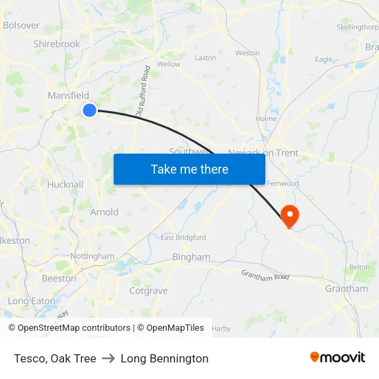 Tesco, Oak Tree to Long Bennington map