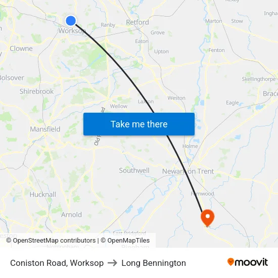 Coniston Road, Worksop to Long Bennington map