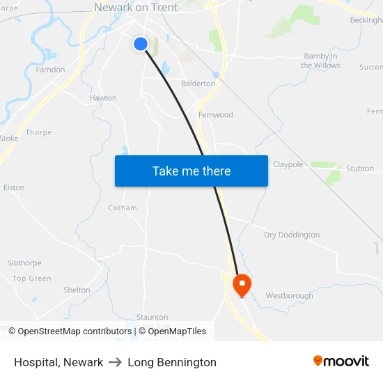 Hospital, Newark to Long Bennington map