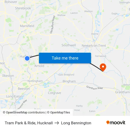 Tram Park & Ride, Hucknall to Long Bennington map