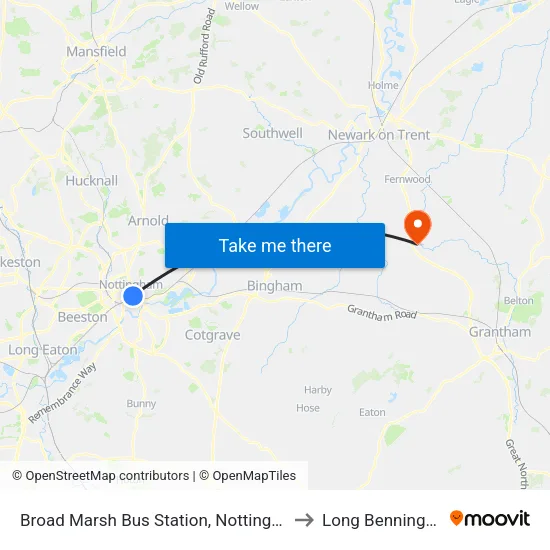 Broad Marsh Bus Station, Nottingham to Long Bennington map