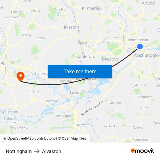 Nottingham to Alvaston map