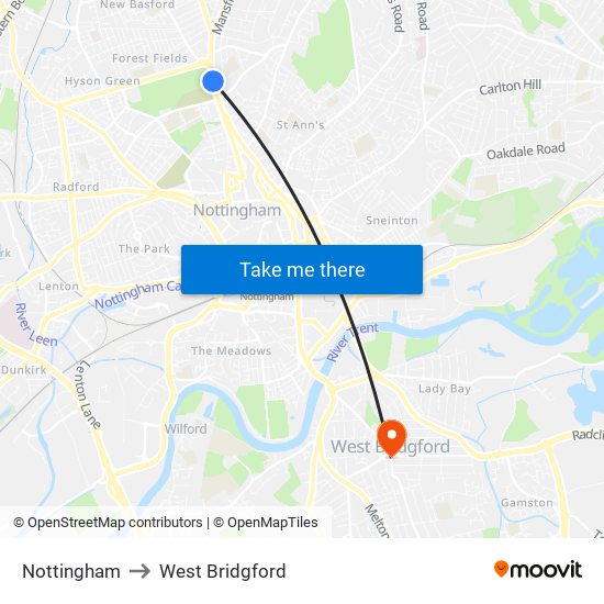Nottingham to West Bridgford map