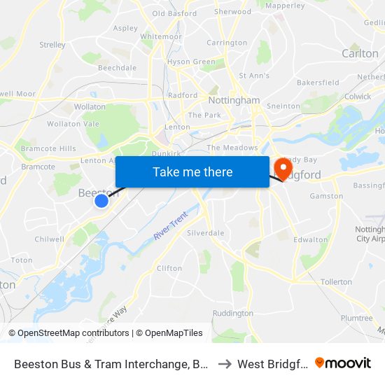 Beeston Bus & Tram Interchange, Beeston to West Bridgford map