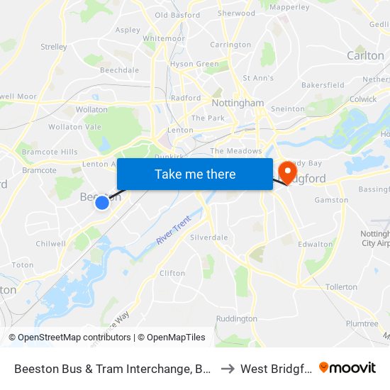 Beeston Bus & Tram Interchange, Beeston to West Bridgford map