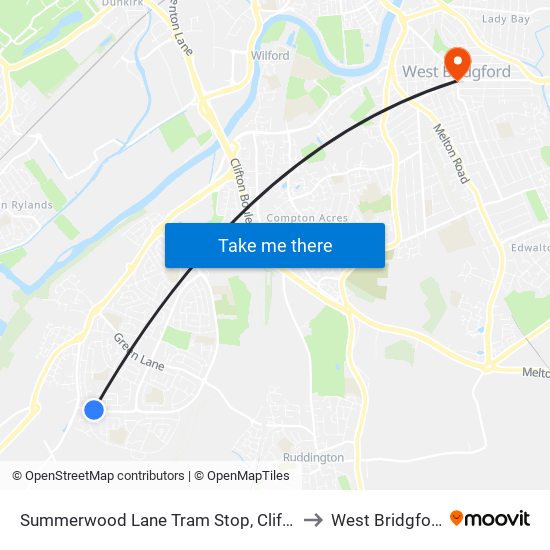 Summerwood Lane Tram Stop, Clifton to West Bridgford map