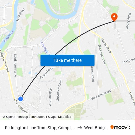 Ruddington Lane Tram Stop, Compton Acres to West Bridgford map