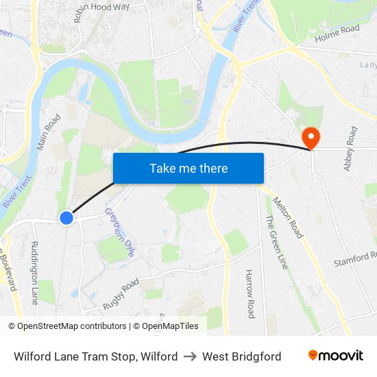 Wilford Lane Tram Stop, Wilford to West Bridgford map