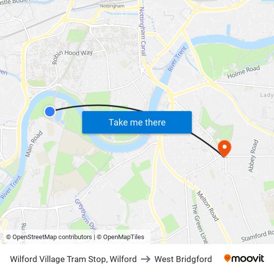 Wilford Village Tram Stop, Wilford to West Bridgford map