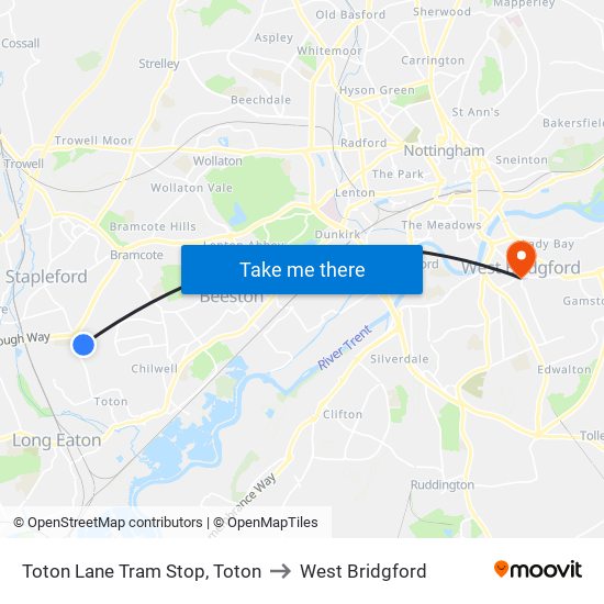 Toton Lane Tram Stop, Toton to West Bridgford map