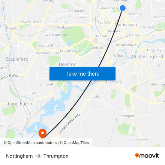 Nottingham to Thrumpton map