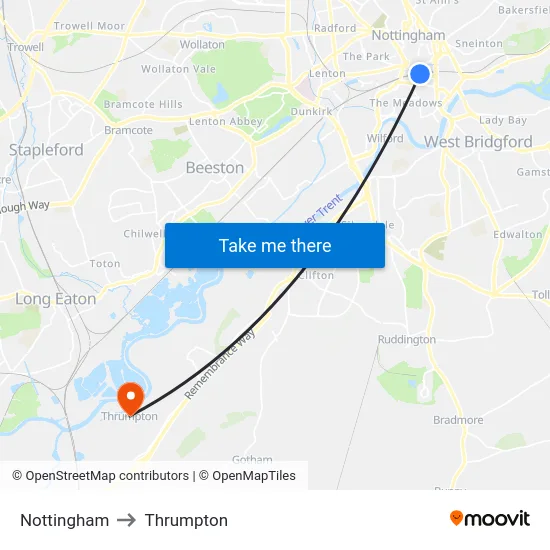 Nottingham to Thrumpton map