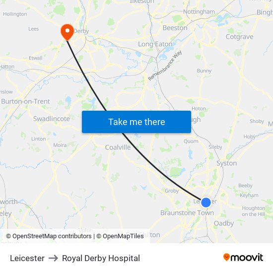 Leicester to Royal Derby Hospital map