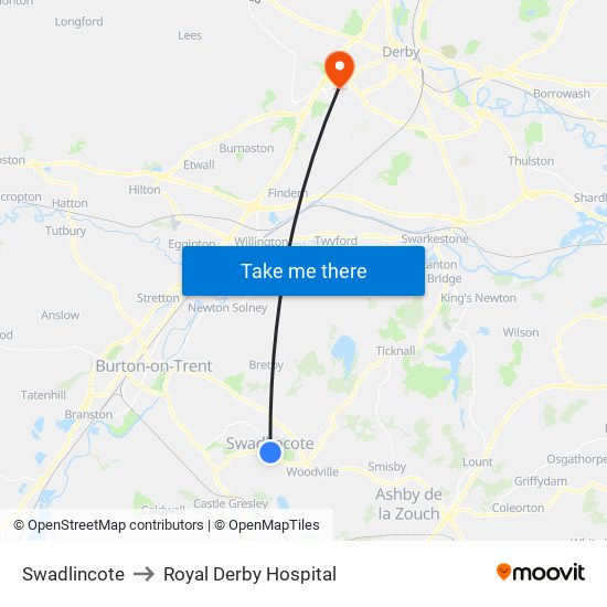 Swadlincote to Royal Derby Hospital map