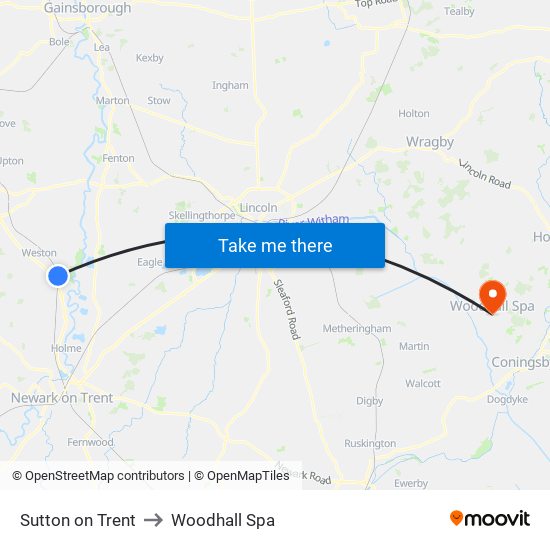 Sutton on Trent to Woodhall Spa map