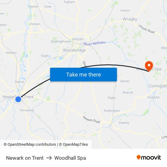 Newark on Trent to Woodhall Spa map