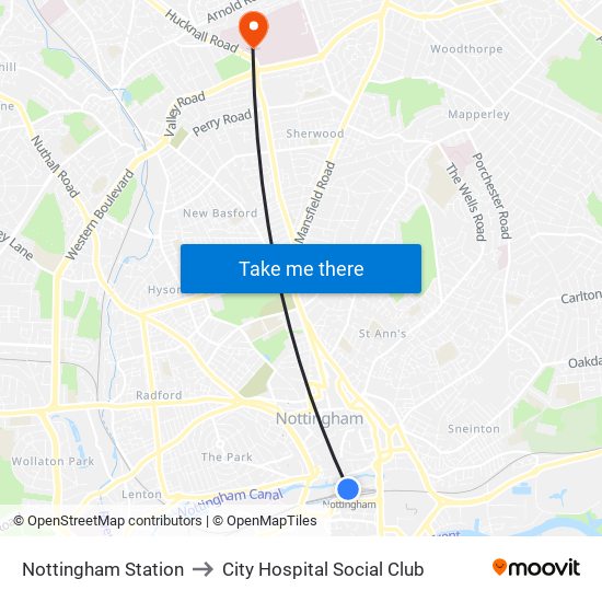 Nottingham Station to City Hospital Social Club map
