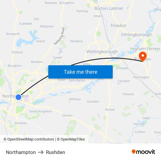 Northampton to Rushden map