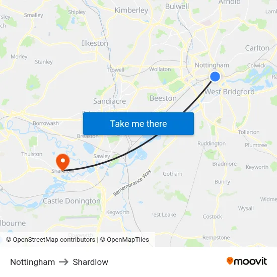 Nottingham to Shardlow map
