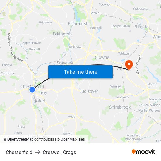 Chesterfield to Creswell Crags map
