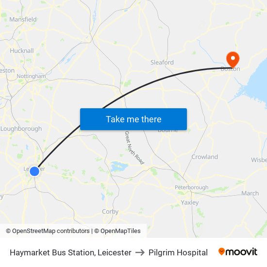 Haymarket Bus Station, Leicester to Pilgrim Hospital map