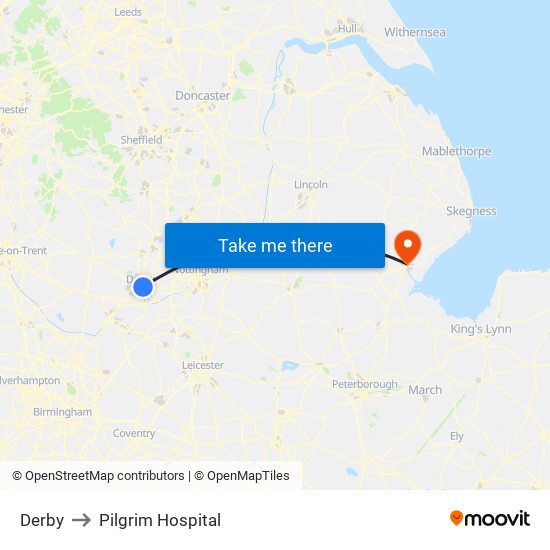 Derby to Pilgrim Hospital map