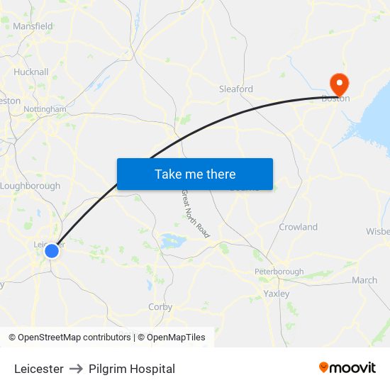 Leicester to Pilgrim Hospital map