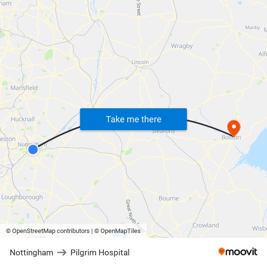 Nottingham to Pilgrim Hospital map