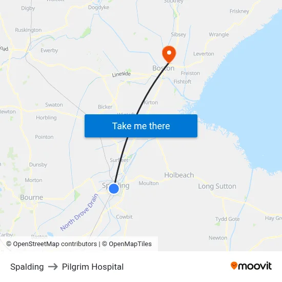 Spalding to Pilgrim Hospital map