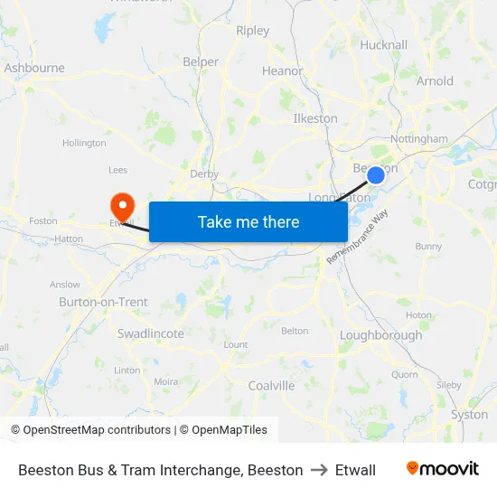 Beeston Bus & Tram Interchange, Beeston to Etwall map