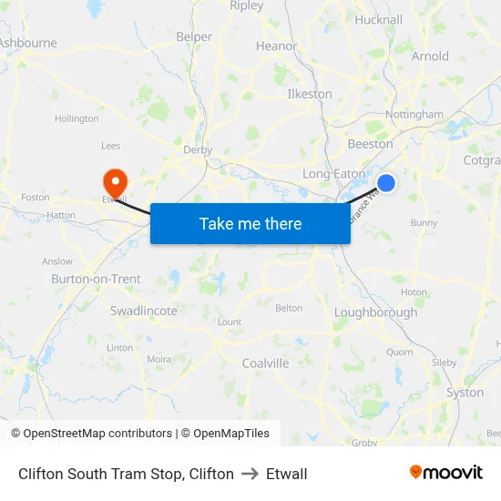 Clifton South Tram Stop, Clifton to Etwall map