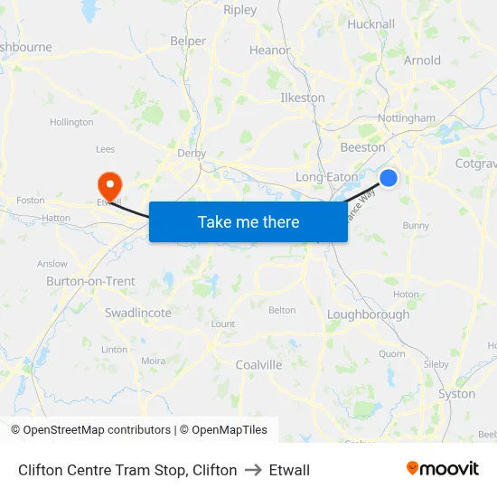 Clifton Centre Tram Stop, Clifton to Etwall map