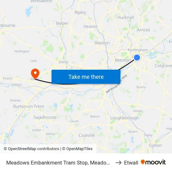 Meadows Embankment Tram Stop, Meadows to Etwall map