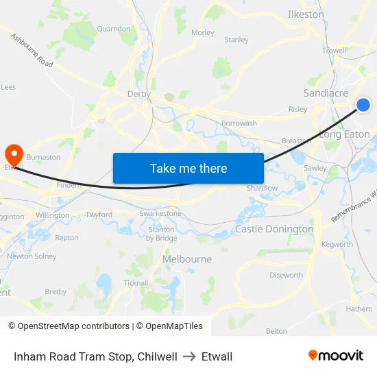 Inham Road Tram Stop, Chilwell to Etwall map