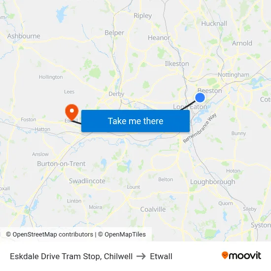 Eskdale Drive Tram Stop, Chilwell to Etwall map