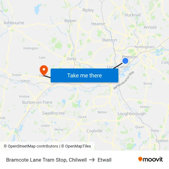Bramcote Lane Tram Stop, Chilwell to Etwall map