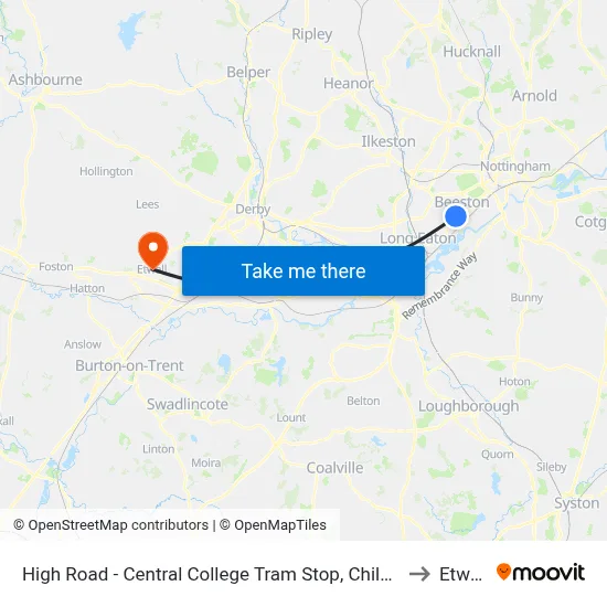 High Road - Central College Tram Stop, Chilwell to Etwall map