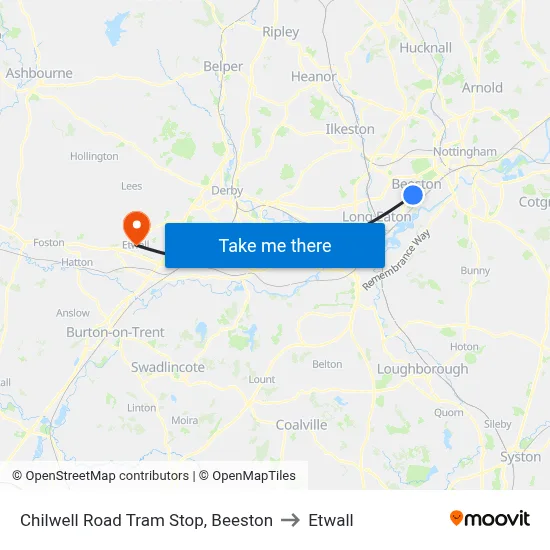 Chilwell Road Tram Stop, Beeston to Etwall map