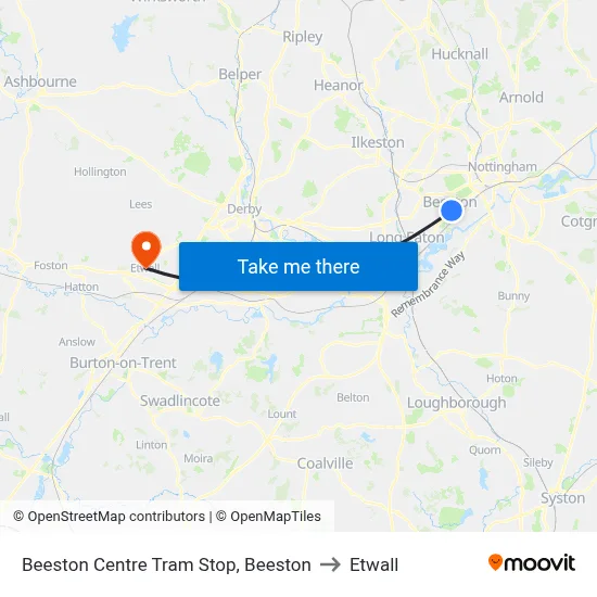 Beeston Centre Tram Stop, Beeston to Etwall map