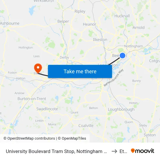 University Boulevard Tram Stop, Nottingham University Main Campus to Etwall map