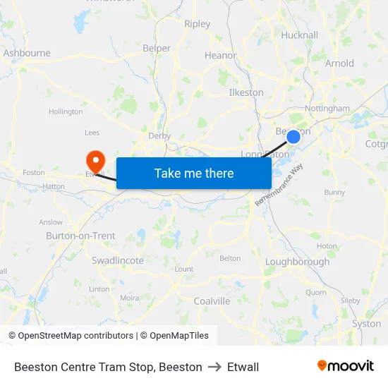 Beeston Centre Tram Stop, Beeston to Etwall map